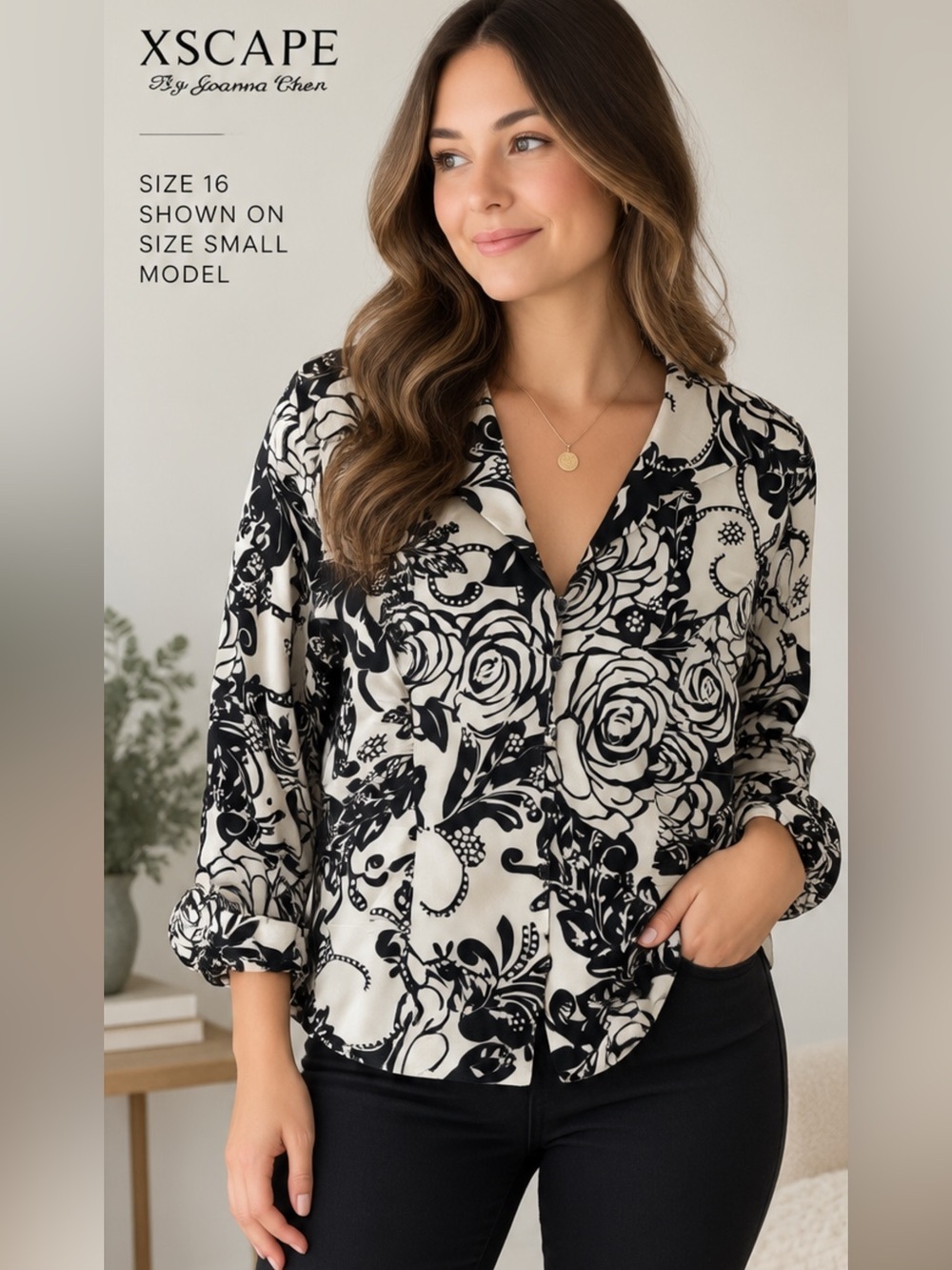 Xscape by Joanna Chen Black & White Floral Satin Blouse/jacket Size 16